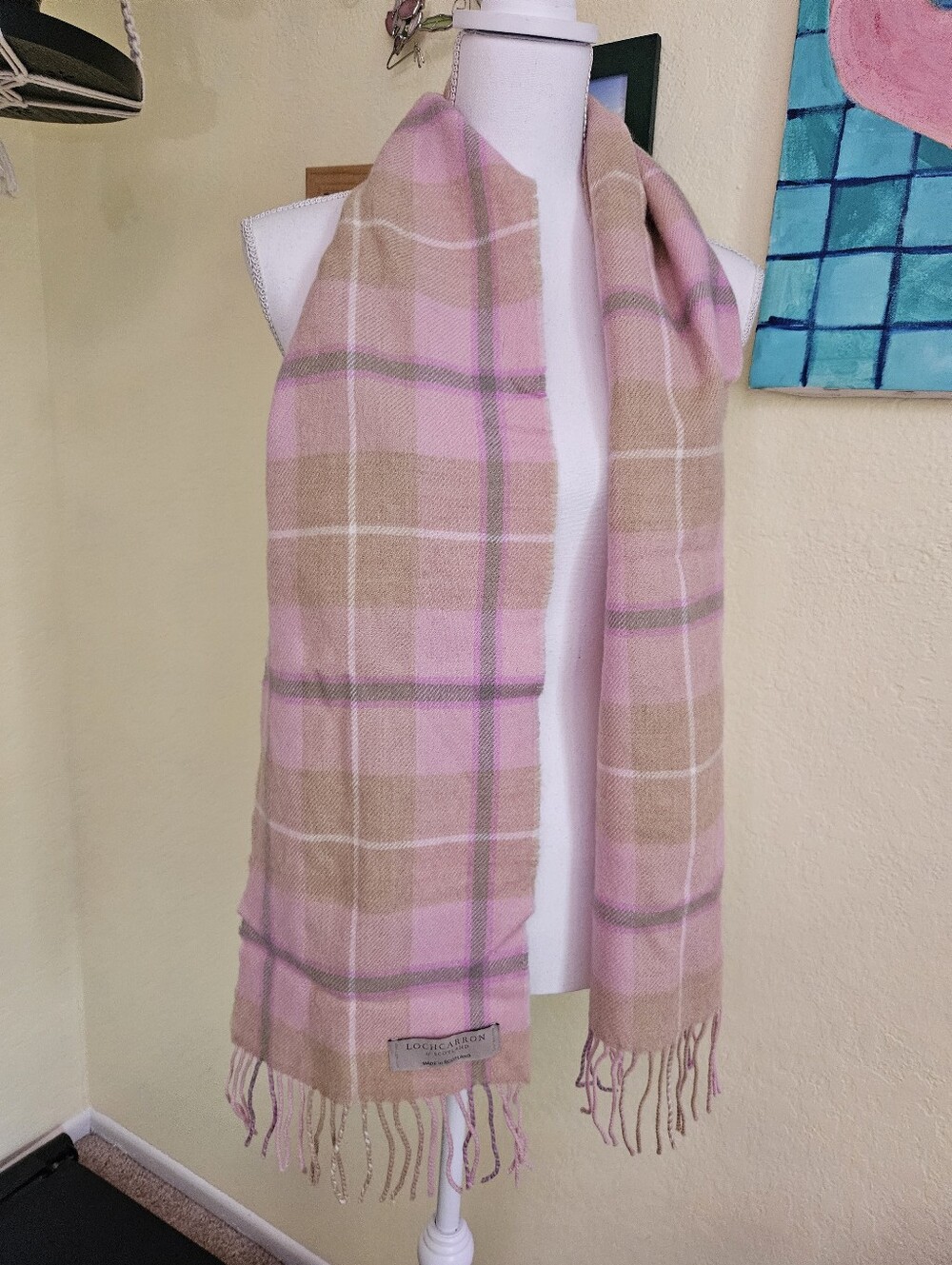 Lochcarron Of Scottland Pink & Tan Plaid Wool Scarf